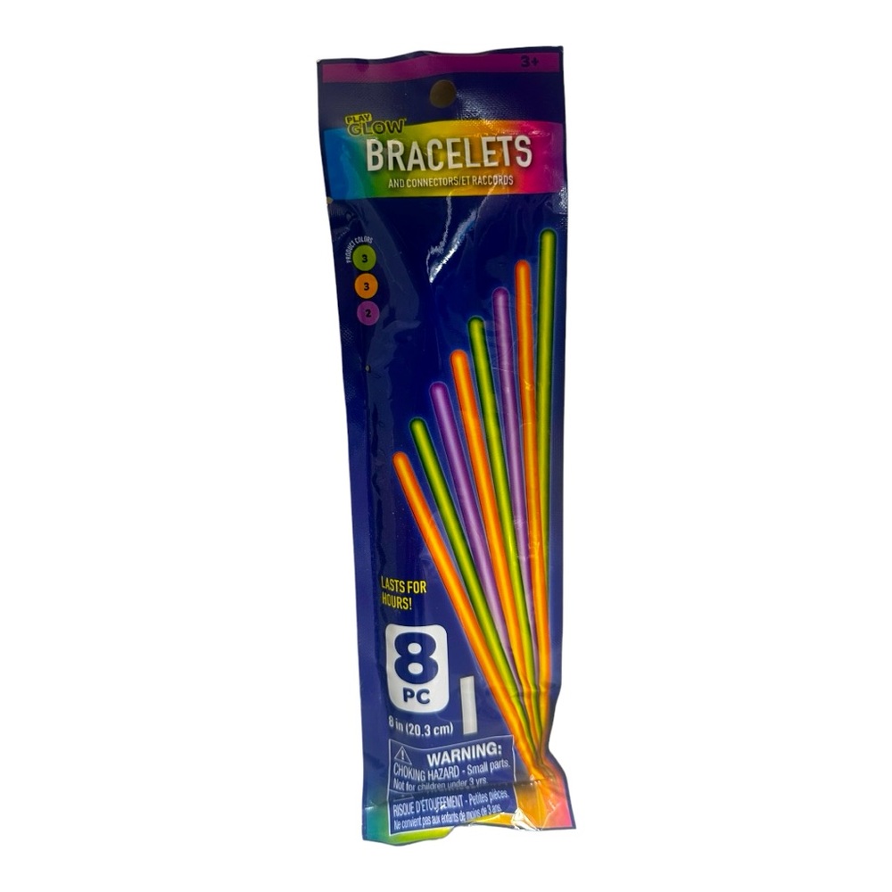 Play Glow Bracelets 8 Pack Lasts for Hours 8 inches 3 different colors NWT